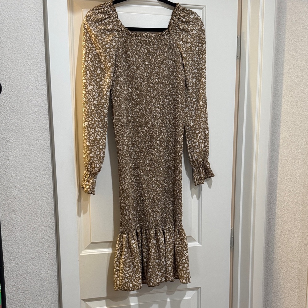 Maternity Floral Puff Sleeve Mermaid Dress Khaki